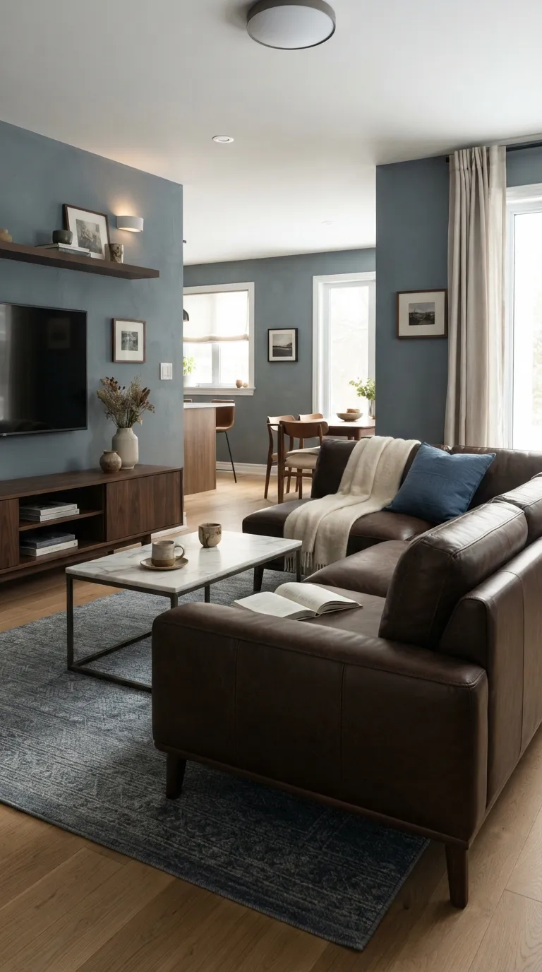 A dramatic modern living room with a dark-brown leather modular sectional in a blue-gray palette.