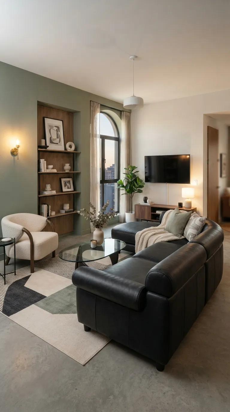 An airy modern living room with a black leather modular sectional in a sage palette.
