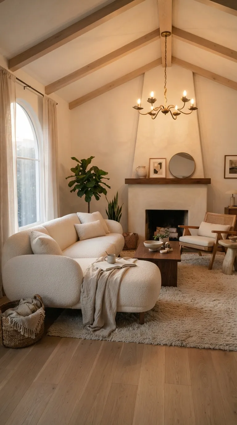 An organic-modern living room with an ivory bouclé chaise sectional in a warm-white palette.