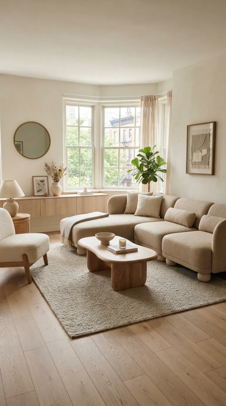 A sophisticated organic-modern living room with a beige textured-weave modular sectional in a beige palette.