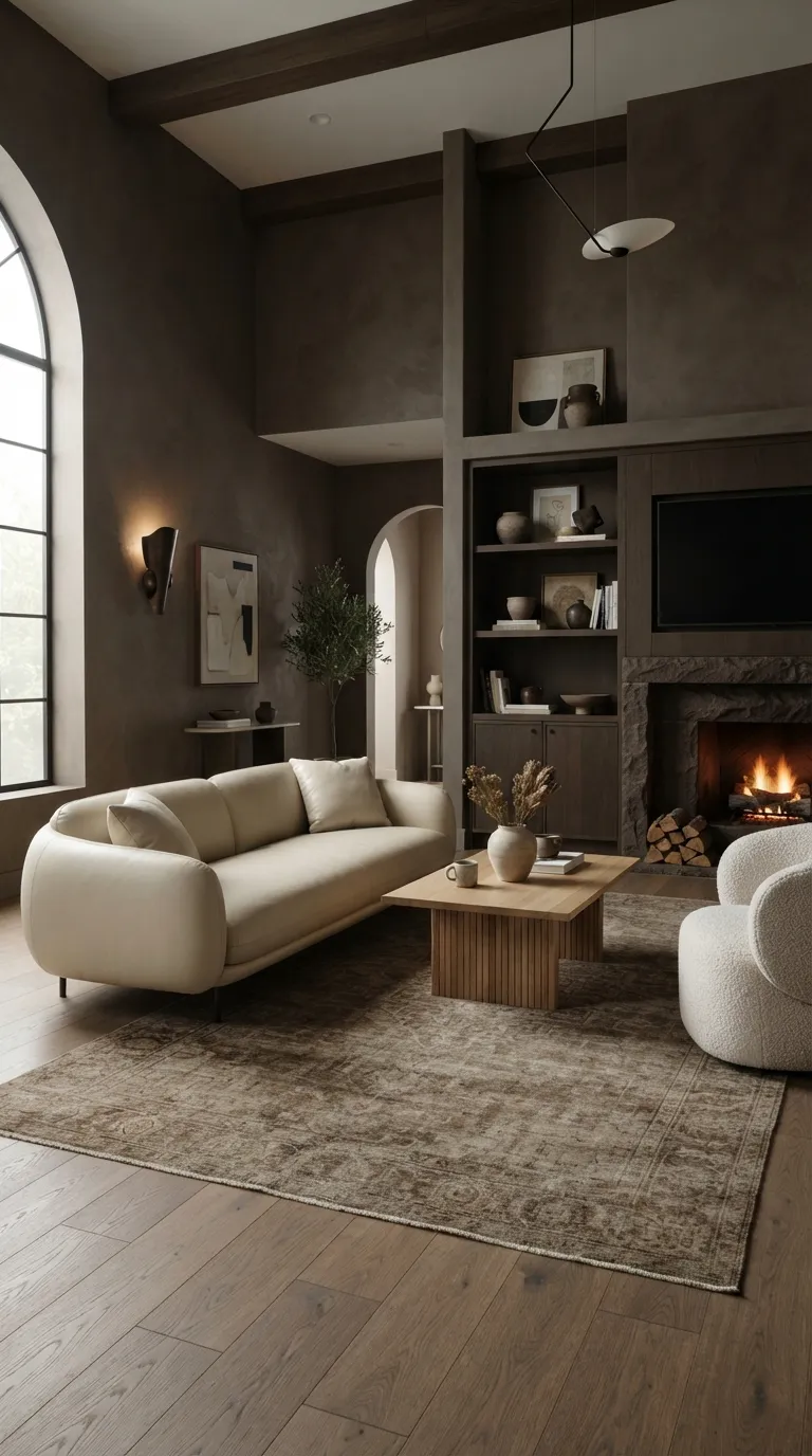 A dramatic organic-modern living room with a cream leather sofa in a dark-brown palette.