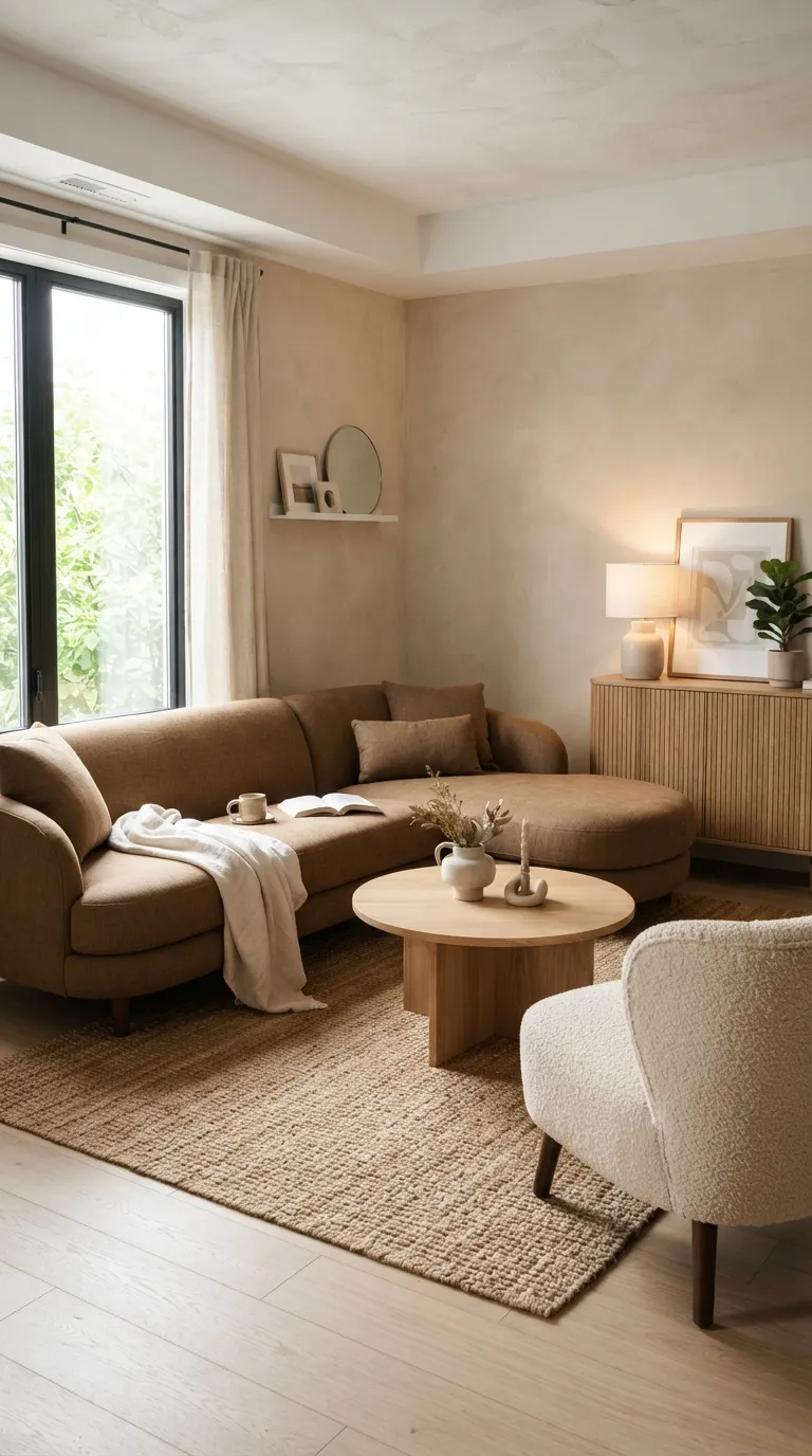 An inviting organic-modern living room with a brown linen-look L-sectional in a warm-brown palette.