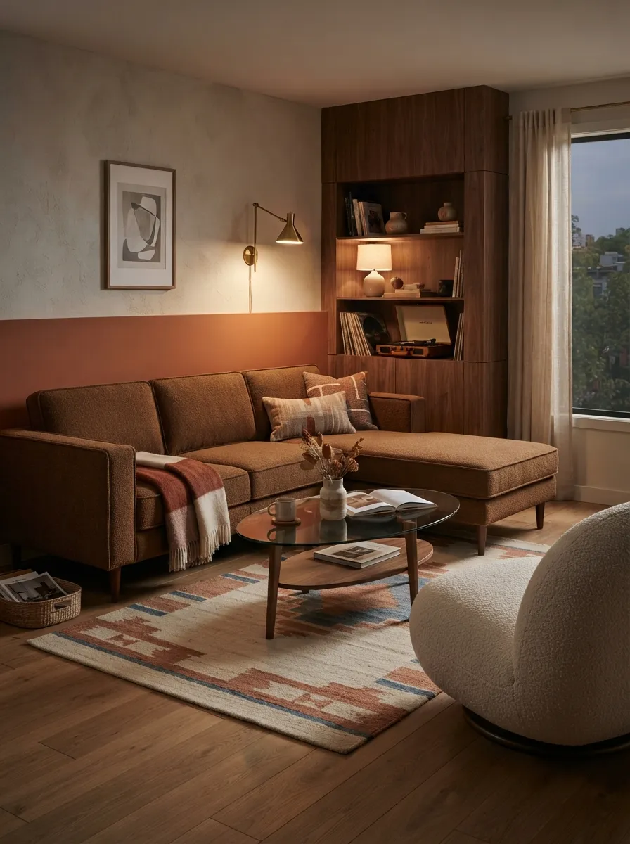 A warm living room with a brown modular sectional, glass coffee table, and built-in wood shelving.