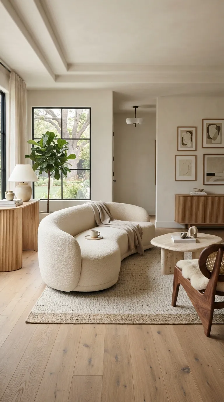 Cream boucle curved sofa in a warm organic modern living room