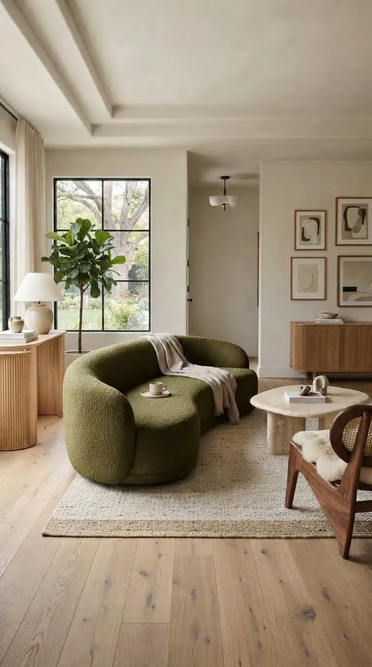 Olive boucle curved sofa in a warm organic modern living room