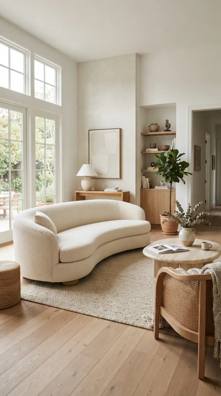 Cream curved sofa beside tall windows in a warm living room with a round coffee table