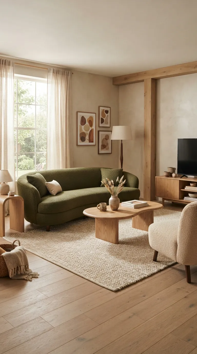 Olive curved sofa with a light wood coffee table in a warm neutral living room