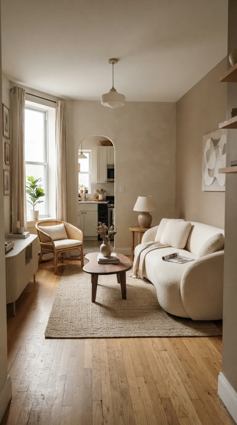 Cream curved sofa and narrow wood coffee table in a compact living room