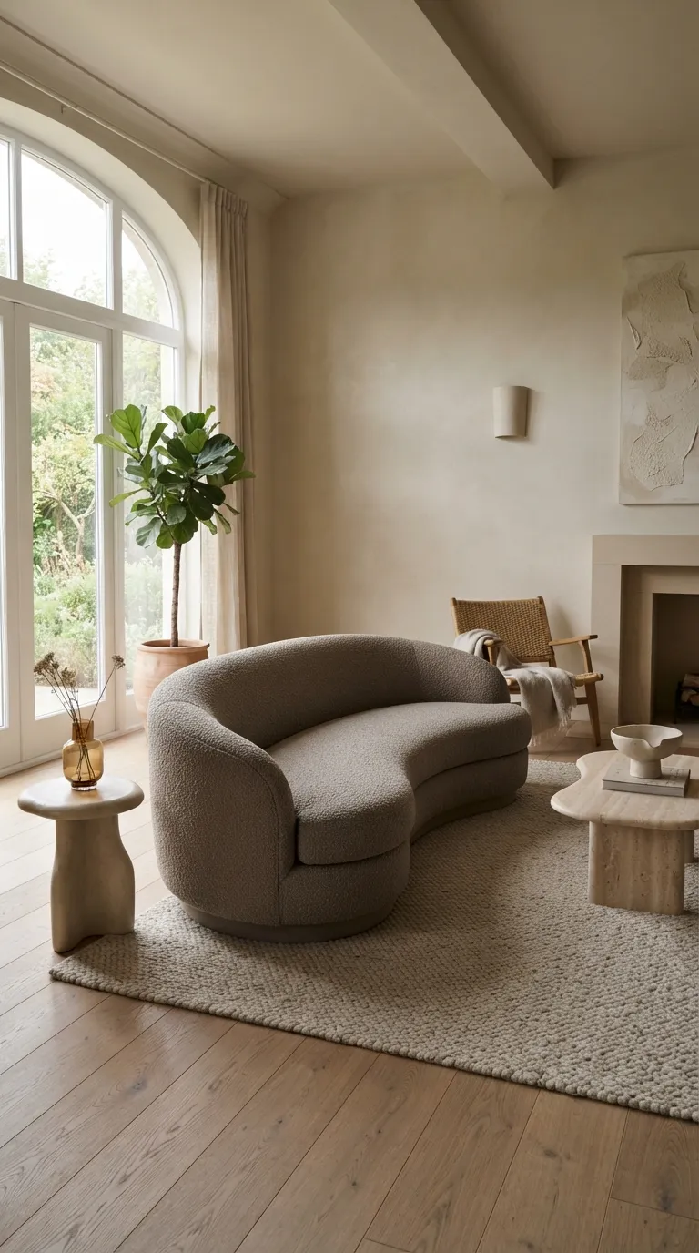 Low taupe curved sofa with a rounded side table and fireplace in a neutral living room