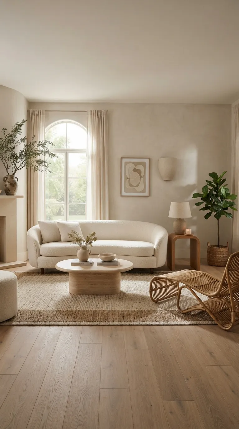 Cream curved sofa facing a round coffee table in a softly lit living room