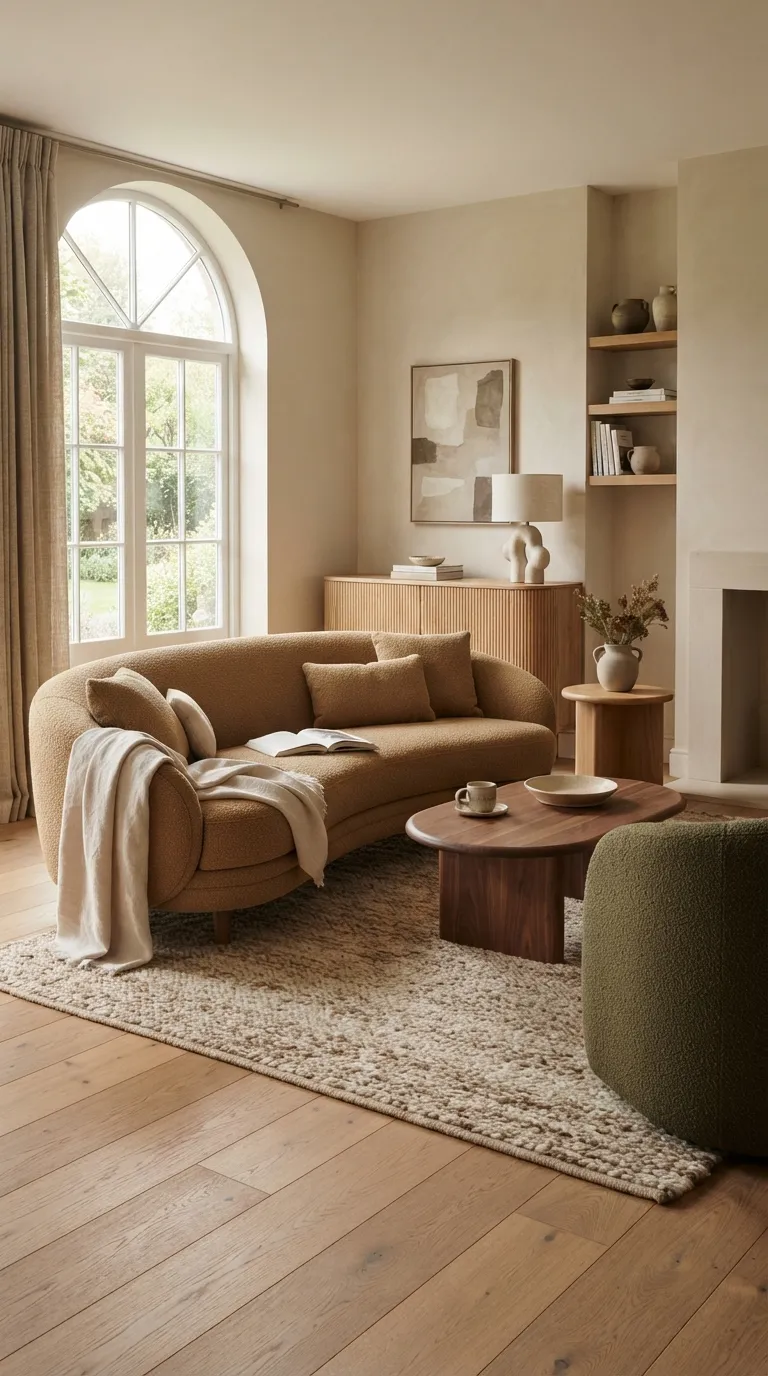Warm brown curved sofa beside an arched window with a dark wood coffee table