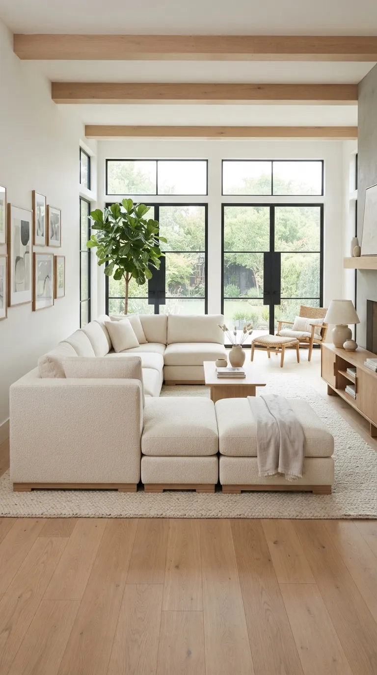 Large cream modular sofa in a bright architectural living room with multiple modules clearly visible