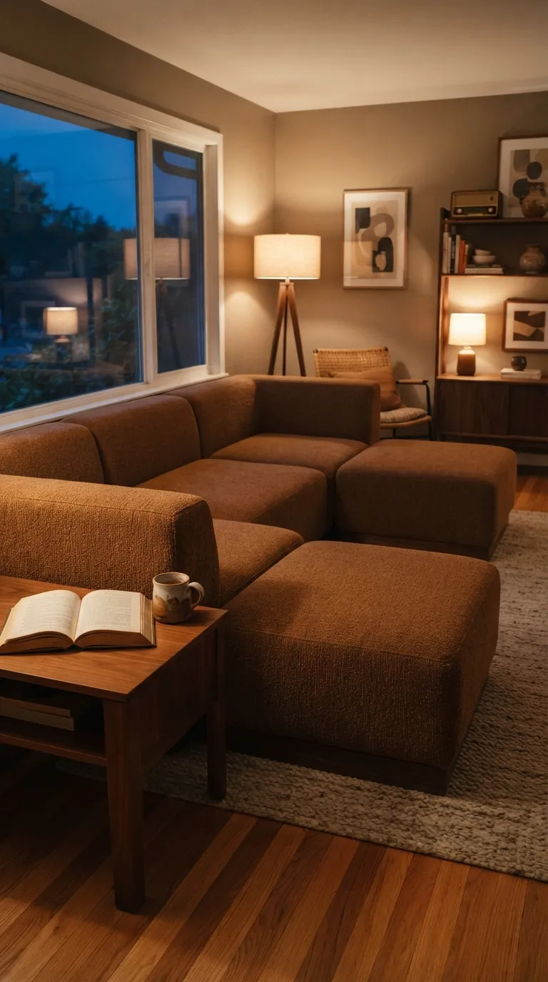 Warm brown modular sofa in a cozy lived-in living room with soft evening light