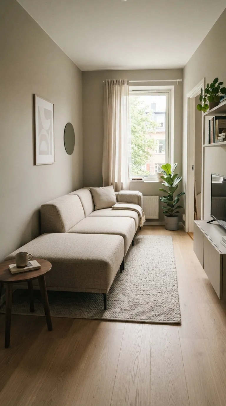 Compact modular sofa with chaise configuration in a small apartment living room