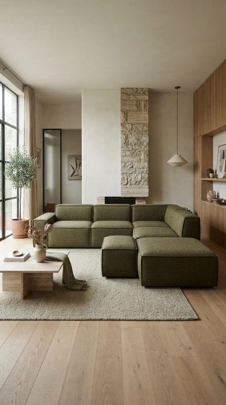 Olive modular sectional in an architectural living room with individual seat modules clearly visible