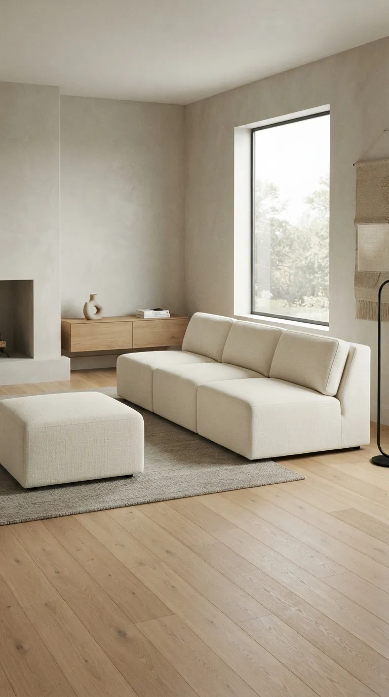 Light neutral modular sofa with a separated ottoman showing a reconfigurable seating system
