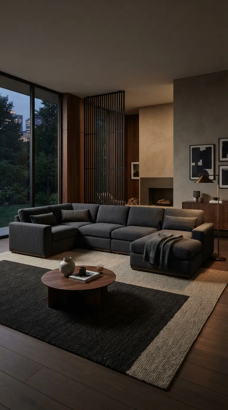 Deep charcoal modular sectional in a moody warm living room