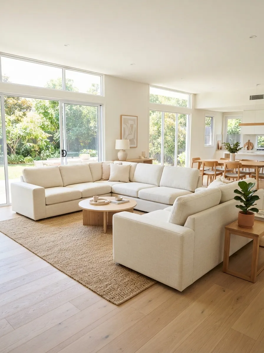 Large ivory sectional anchoring a bright open-plan living room with a spacious seating layout