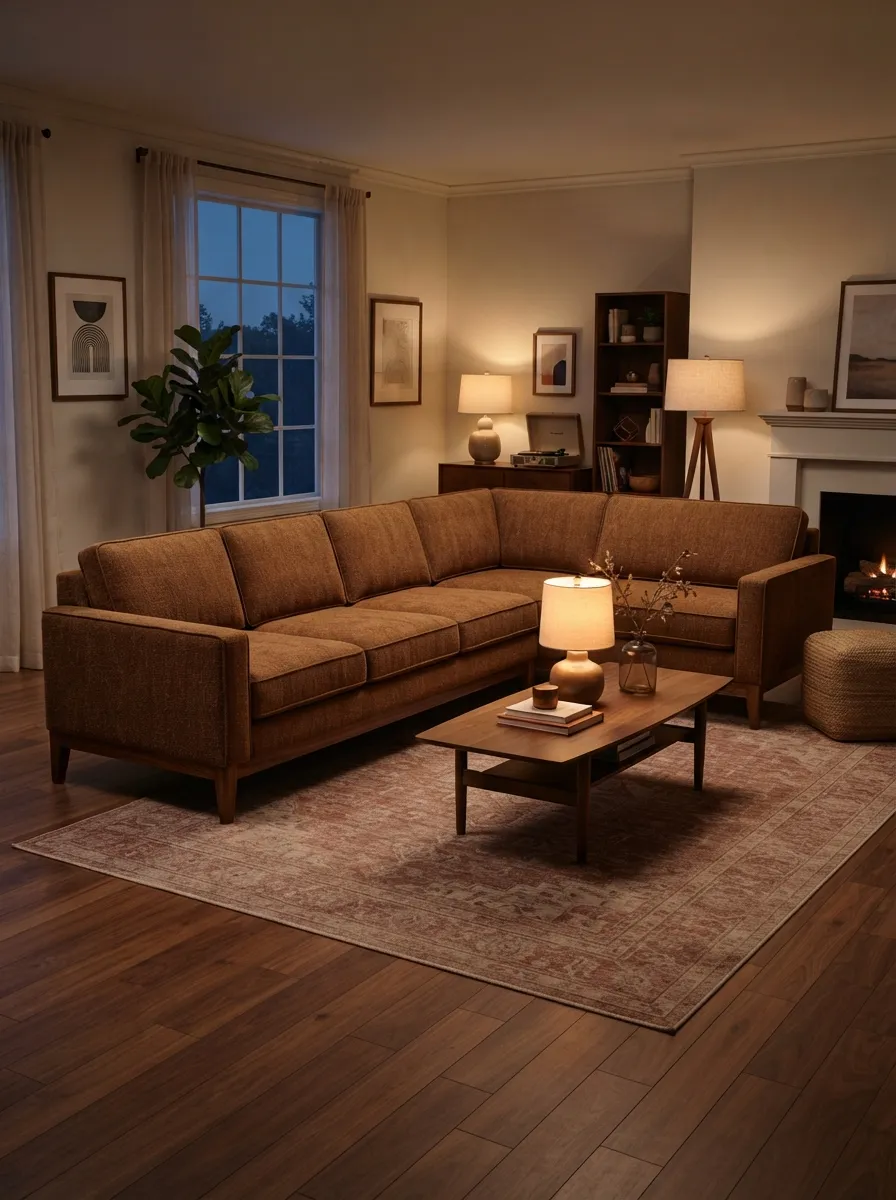 Warm brown sectional in a cozy wood-rich living room with a fireplace and evening light
