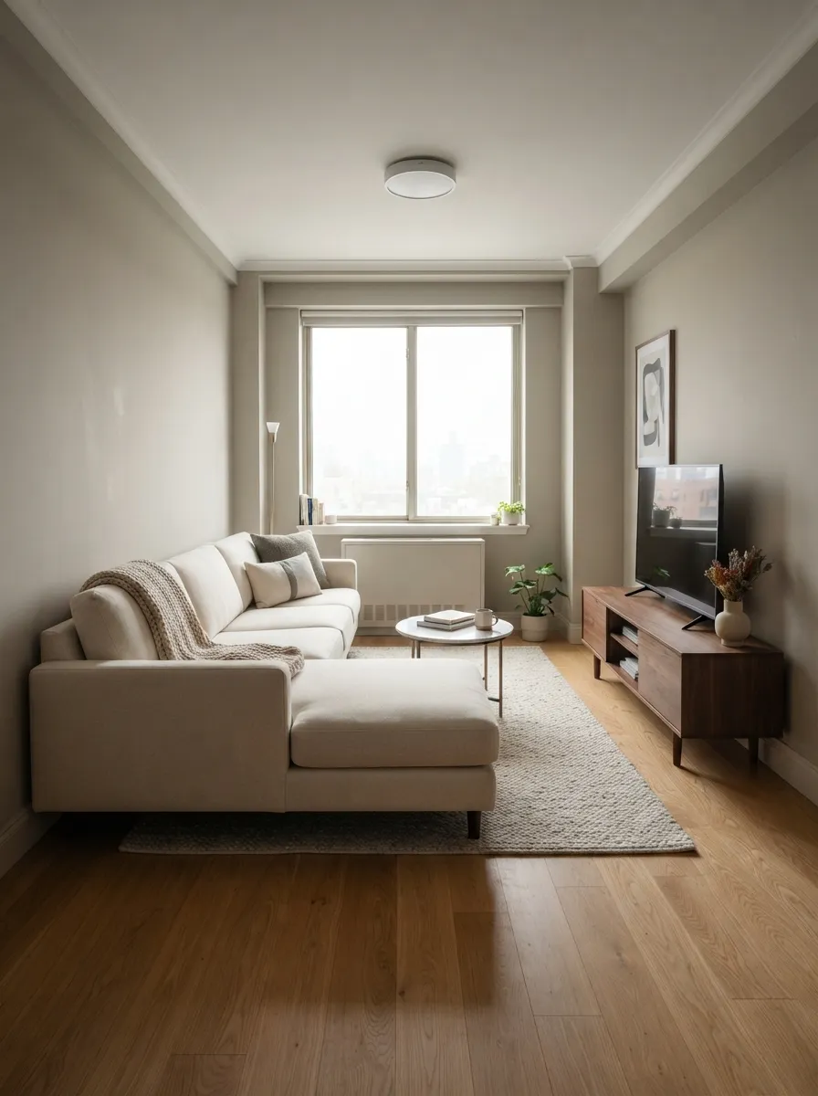 Compact cream chaise sectional in a small apartment living room with a clear circulation path