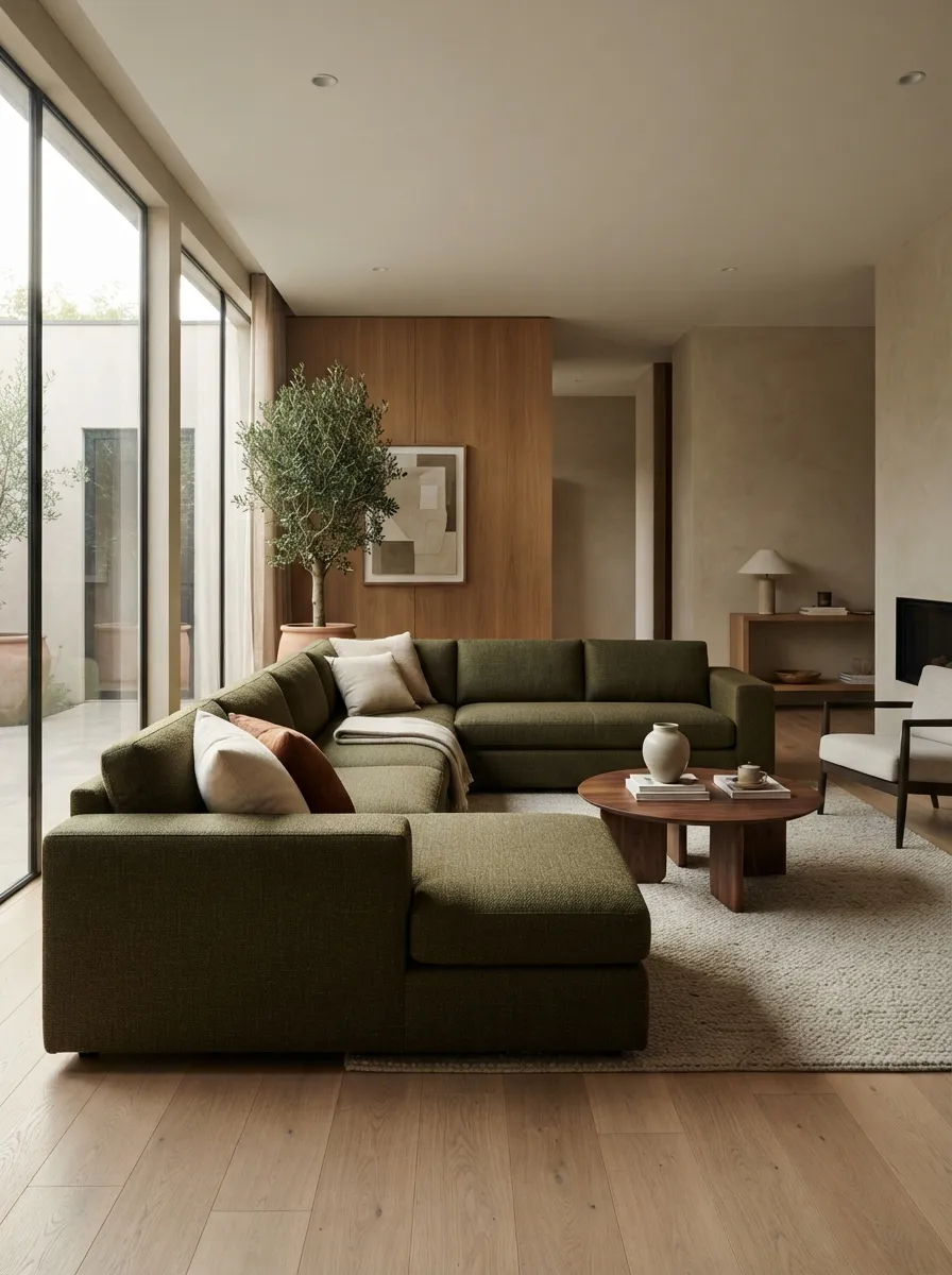 Deep olive sectional in a modern architectural living room with clean lines and generous open space