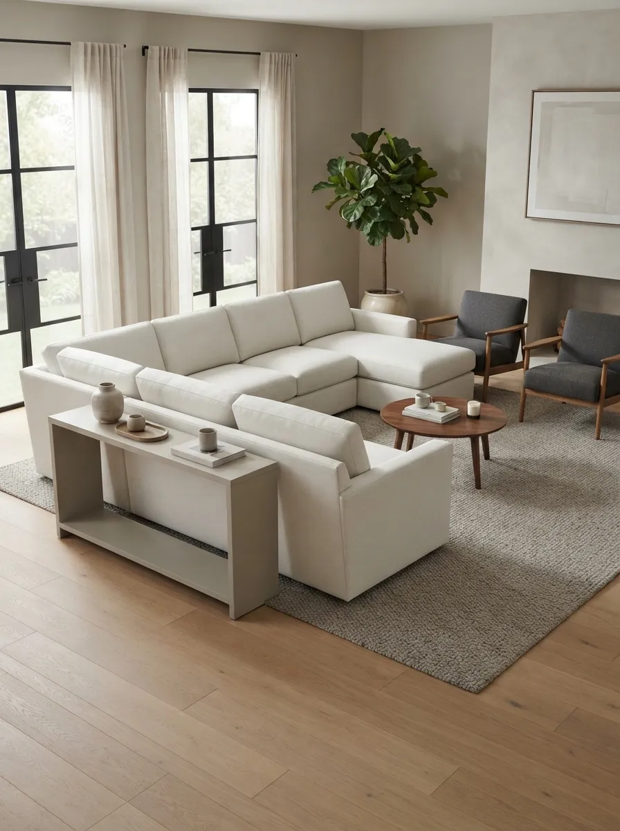 Light neutral sectional with a slim sofa-back console and conversational seating layout
