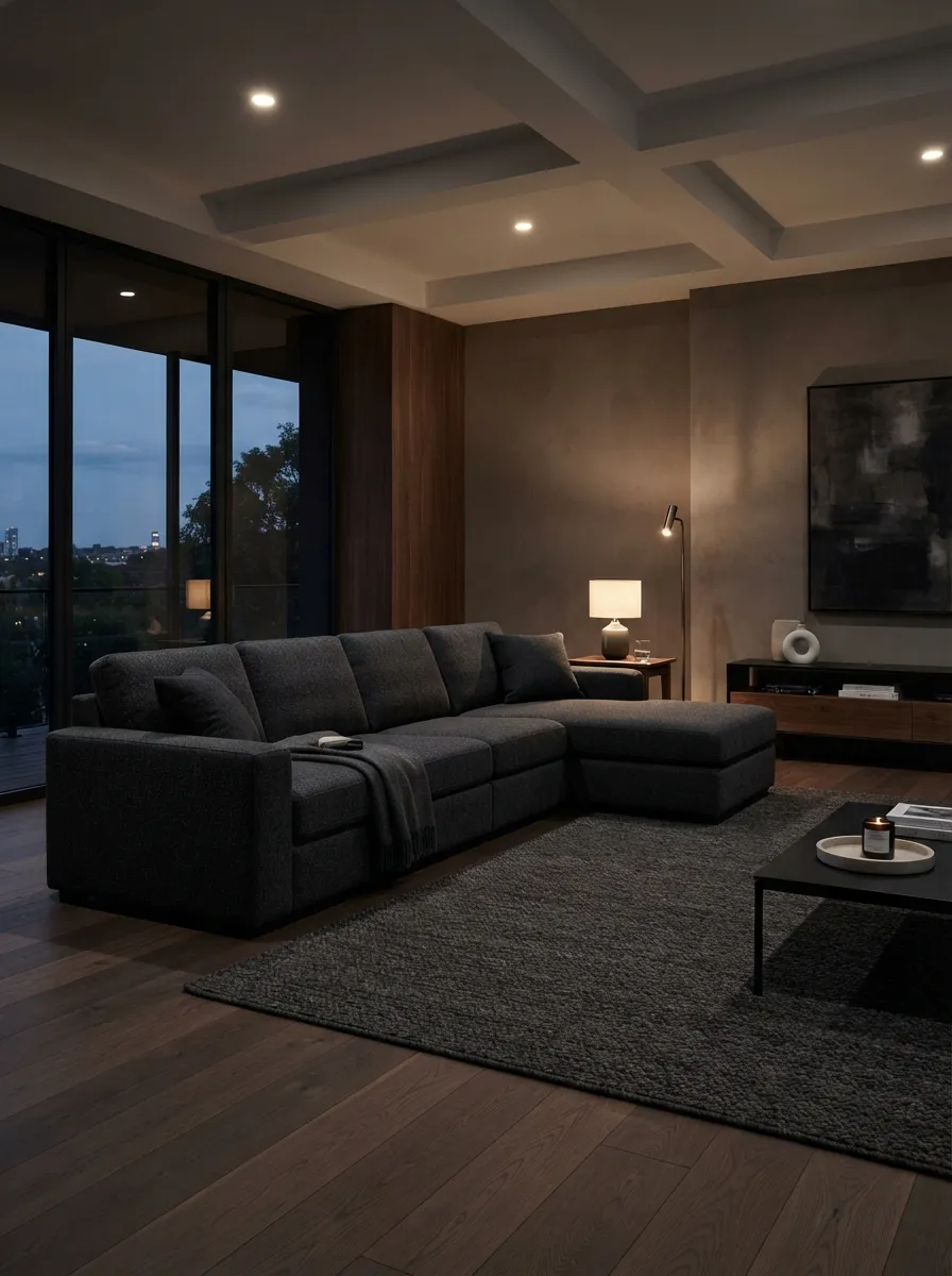 Dark charcoal sectional in a moody contemporary living room with a wide cinematic composition