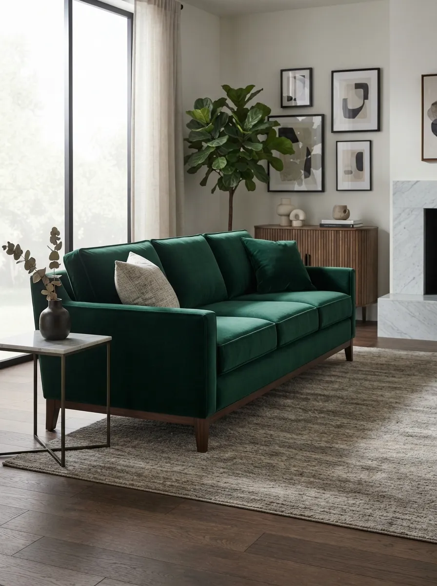 Deep emerald velvet sofa in a sophisticated warm living room with directional daylight