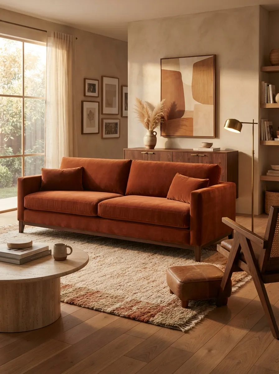 Rust velvet sofa in a warm modern living room with earthy wood and late-afternoon light