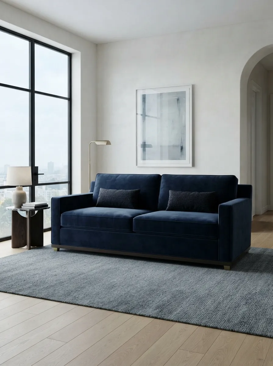 Deep navy velvet sofa in an elegant contemporary living room with cooler daylight