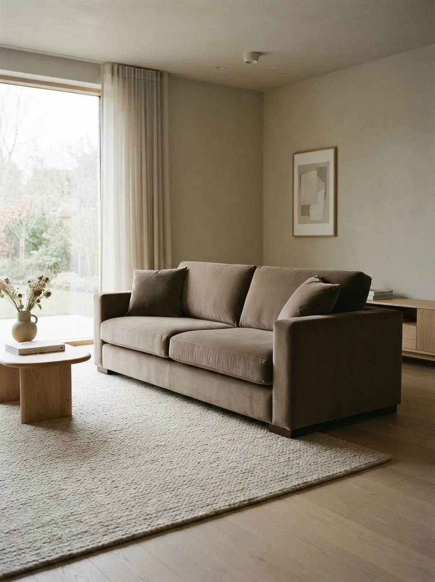 Mushroom taupe velvet sofa in a quiet warm minimalist living room with soft morning light