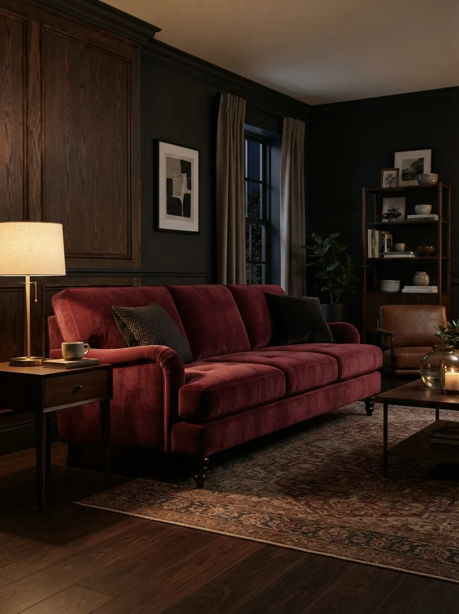Burgundy velvet sofa in a moody warm living room with dark wood and evening light