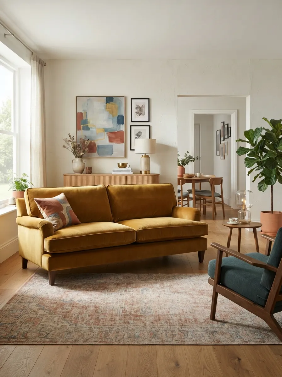 Golden ochre velvet sofa in a bright eclectic-modern living room with natural daylight