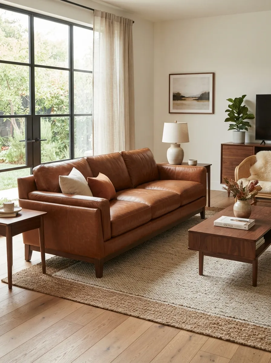 Cognac leather sofa in a warm modern living room with bright daylight and light neutral finishes