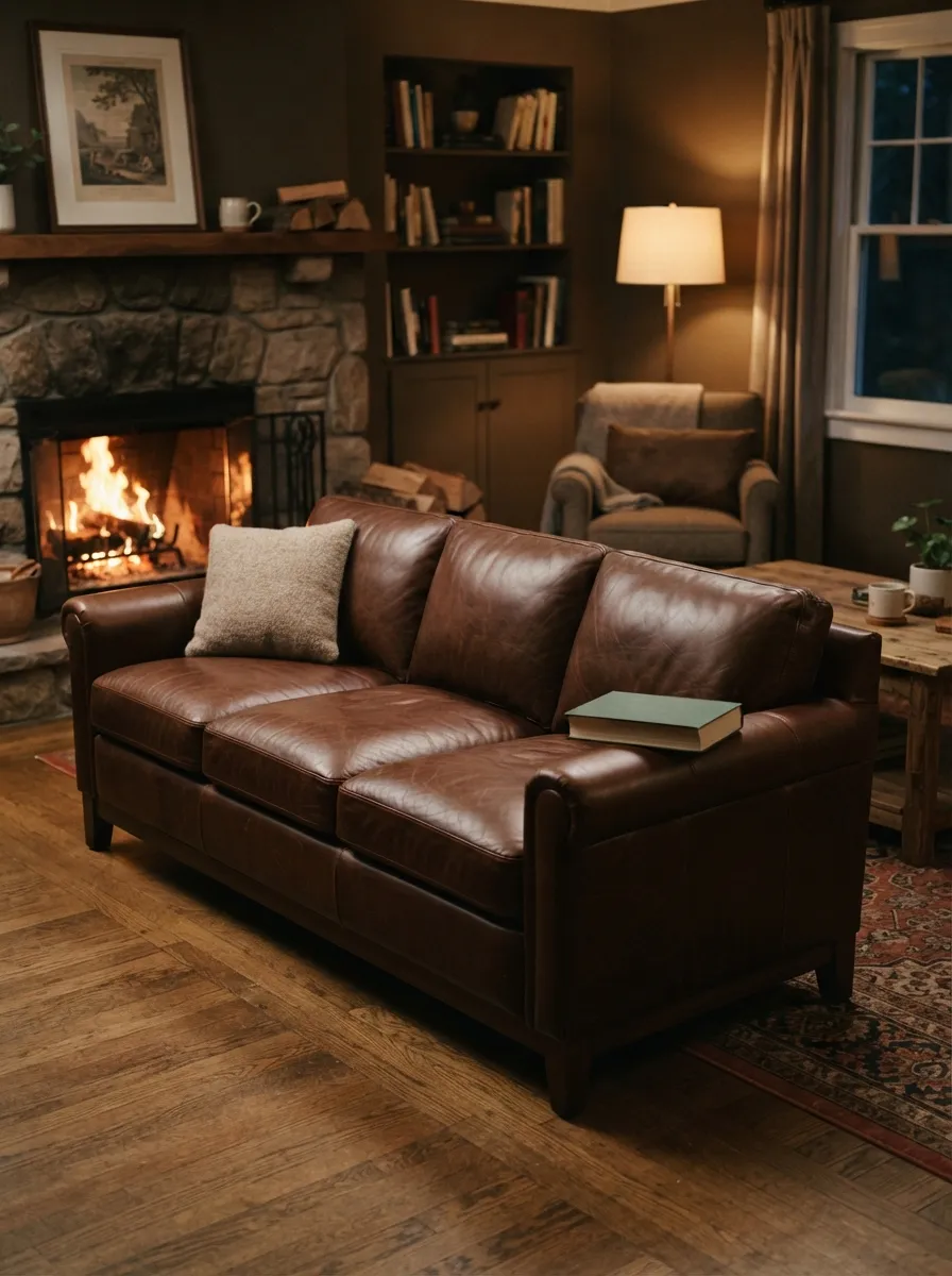 Deep brown leather sofa in a cozy evening living room with a fireplace and rich wood accents