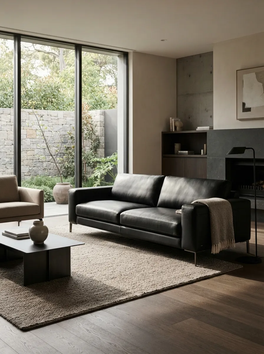 Black leather sofa in a contemporary architectural living room with pale surfaces and clean lines