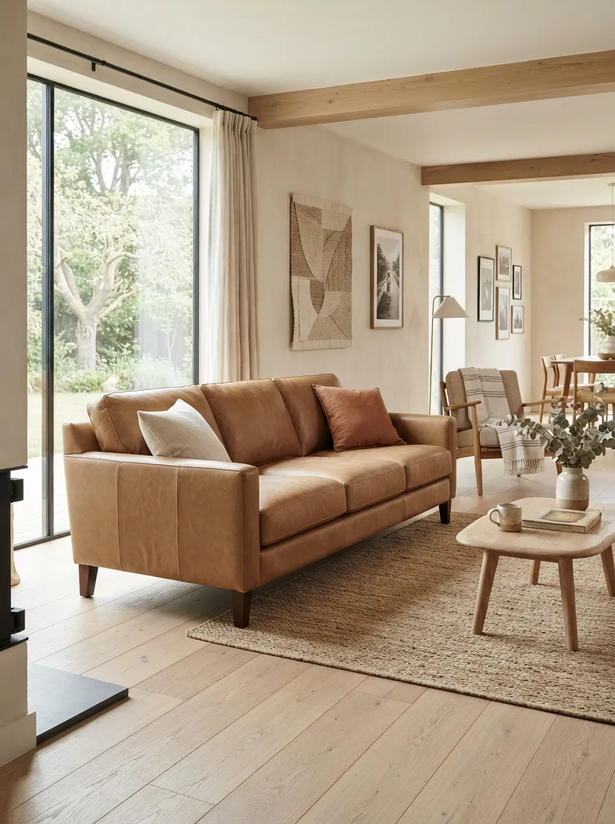 Camel leather sofa in a bright open living room with relaxed modern styling