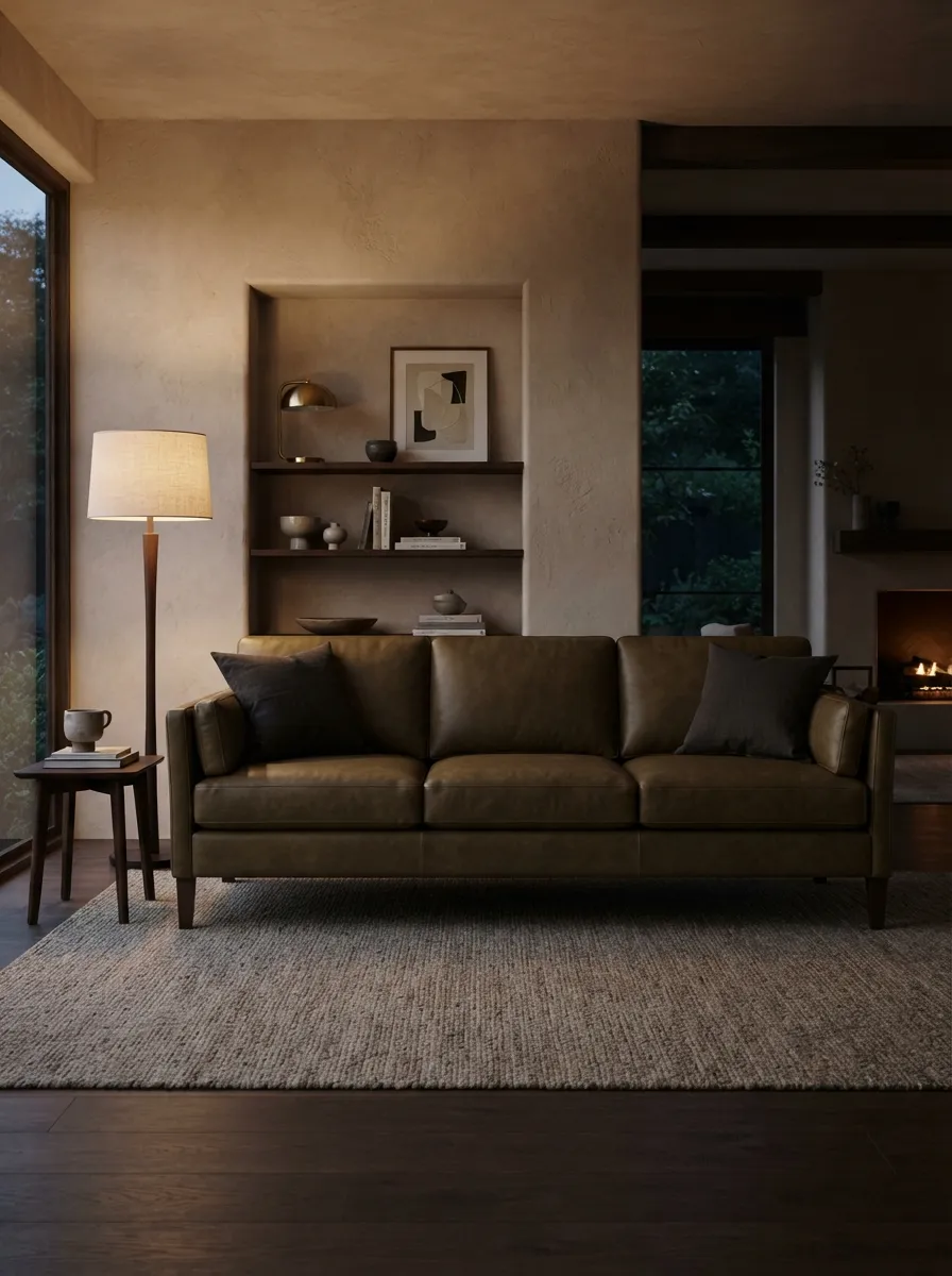 Olive-brown leather sofa in a moody warm living room with dark wood and quiet luxury styling