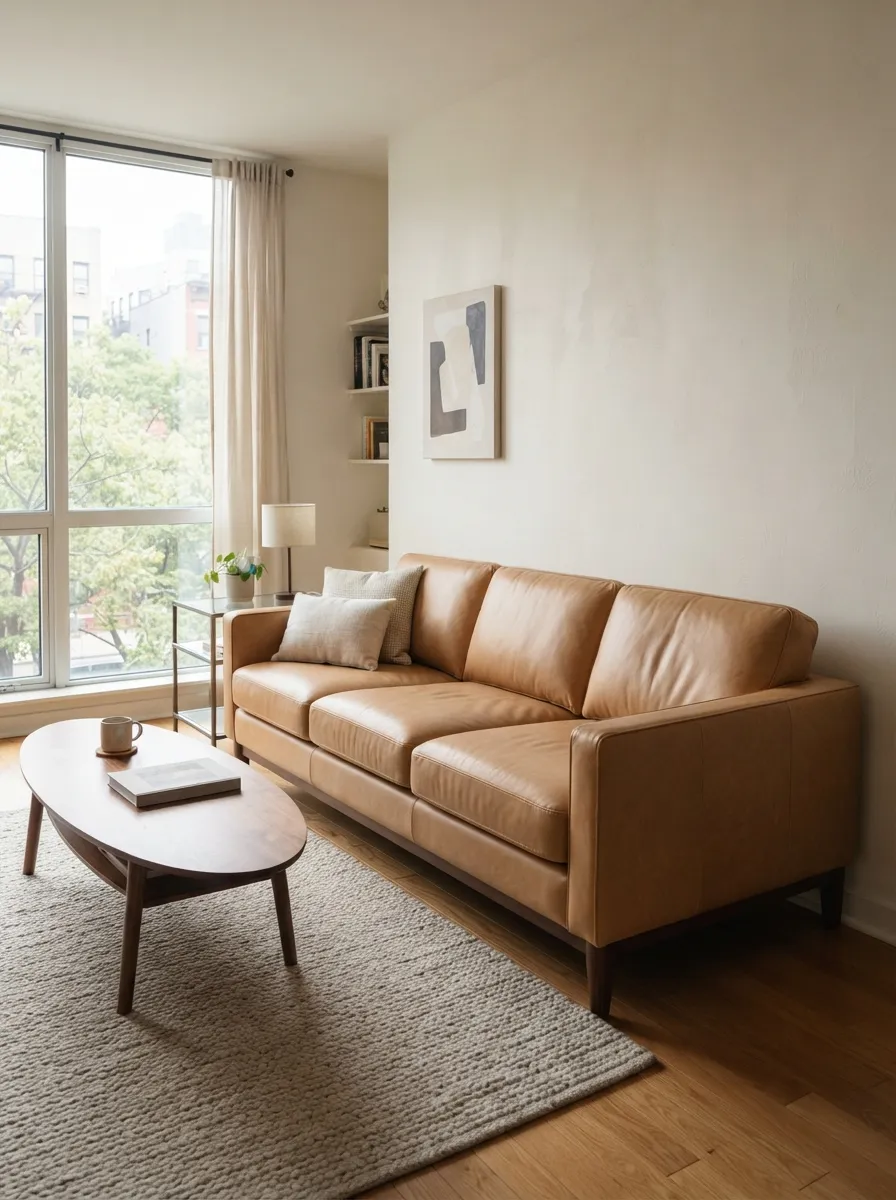 Light tan leather sofa in a compact living room with a clear circulation path and light neutral decor
