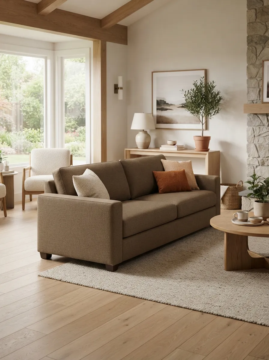 Warm medium-brown sofa in a cozy organic-modern living room with soft daylight