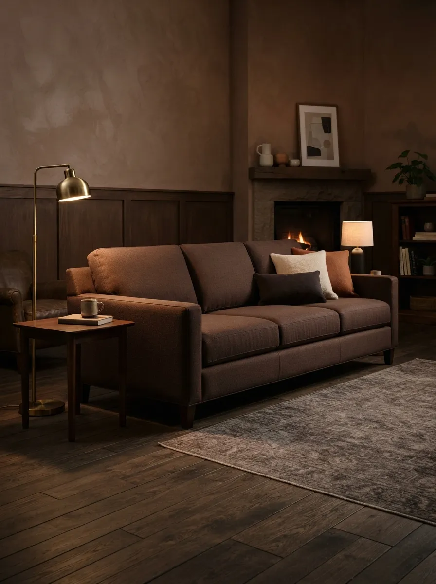 Deep chocolate-brown sofa in a moody warm living room with dark wood and intimate evening light