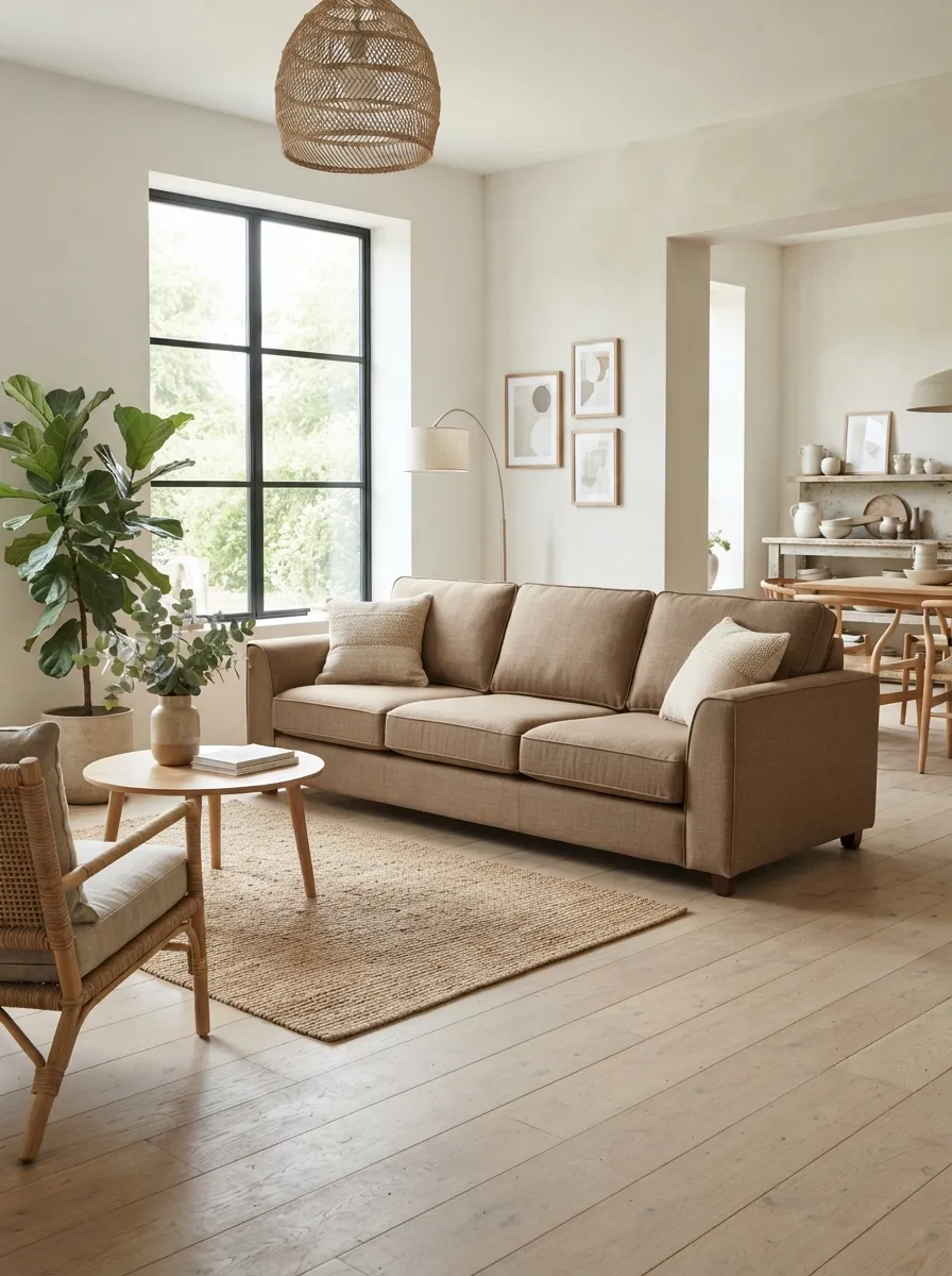 Light cocoa-brown sofa in a bright open living room with natural textures and relaxed styling