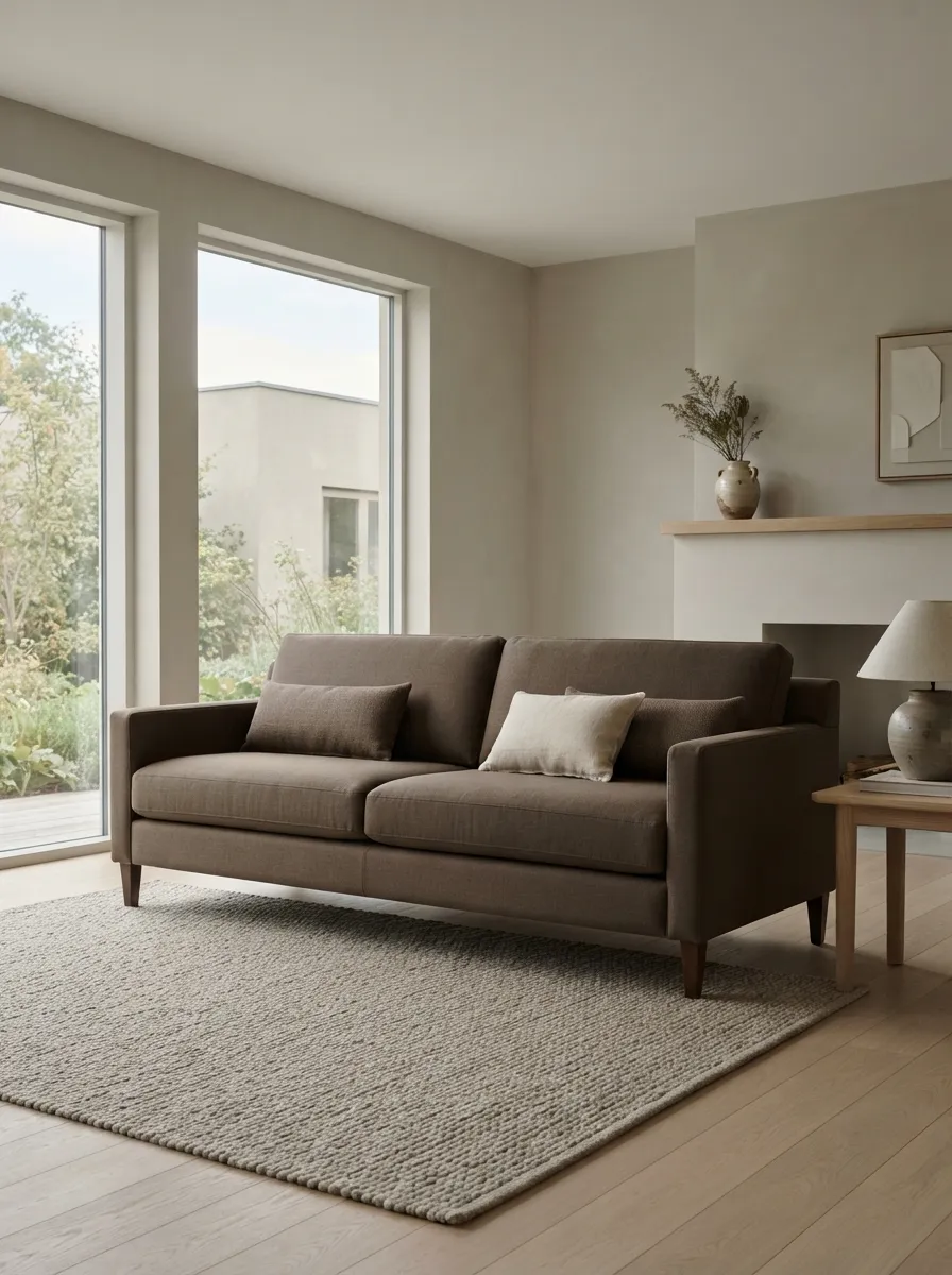 Taupe-brown sofa in a quiet minimalist living room with warm neutral finishes and soft morning light