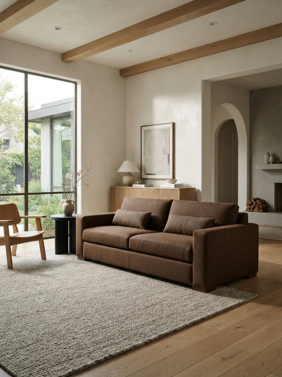 Rich walnut-brown sofa in an architectural contemporary living room with pale surfaces and clean lines
