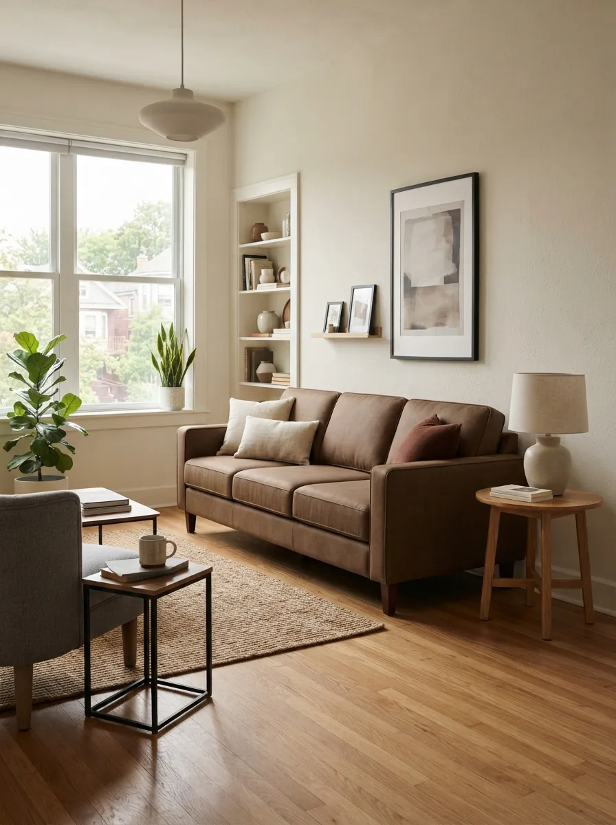 Earthy brown sofa in a compact living room with a clear circulation path and light neutral decor