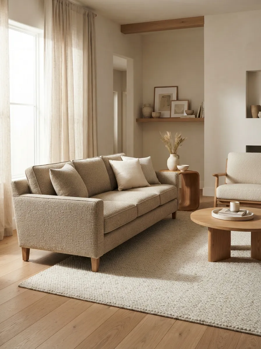 Oatmeal-beige sofa in a warm tonal living room with flax drapery, pale oak, and directional side daylight