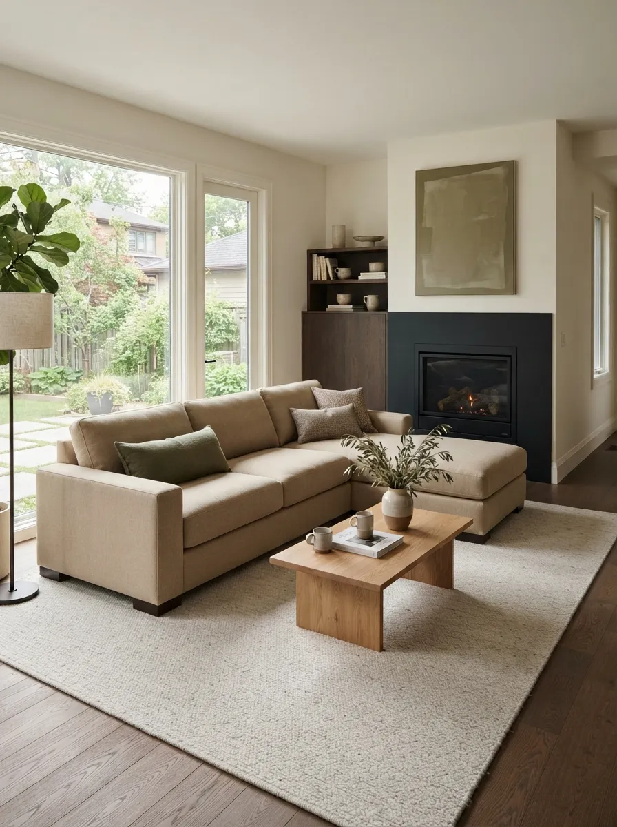 Deep beige chaise sectional facing a slim black fireplace with a pale rug, oak table, and muted olive accents