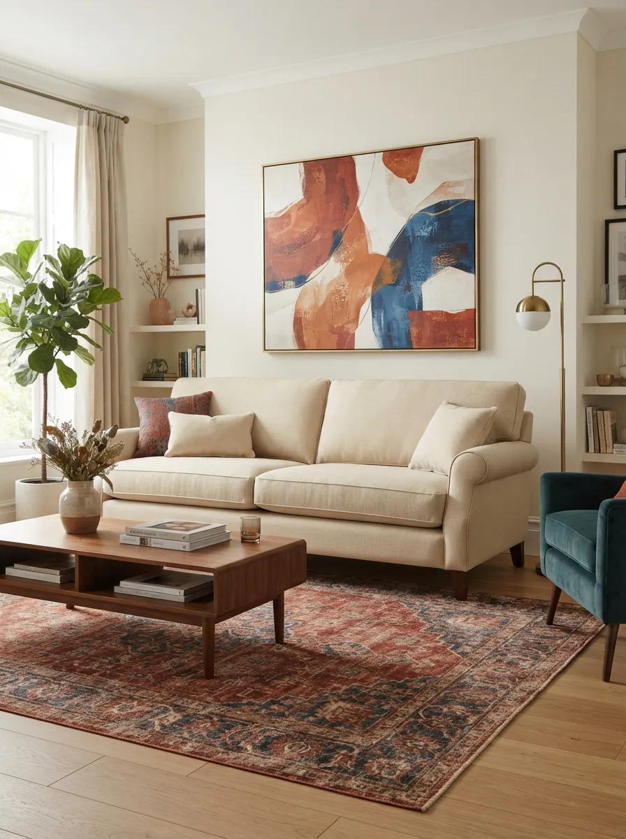Warm cream-beige sofa beneath saturated rust-and-blue art with a walnut table and vintage-style red rug