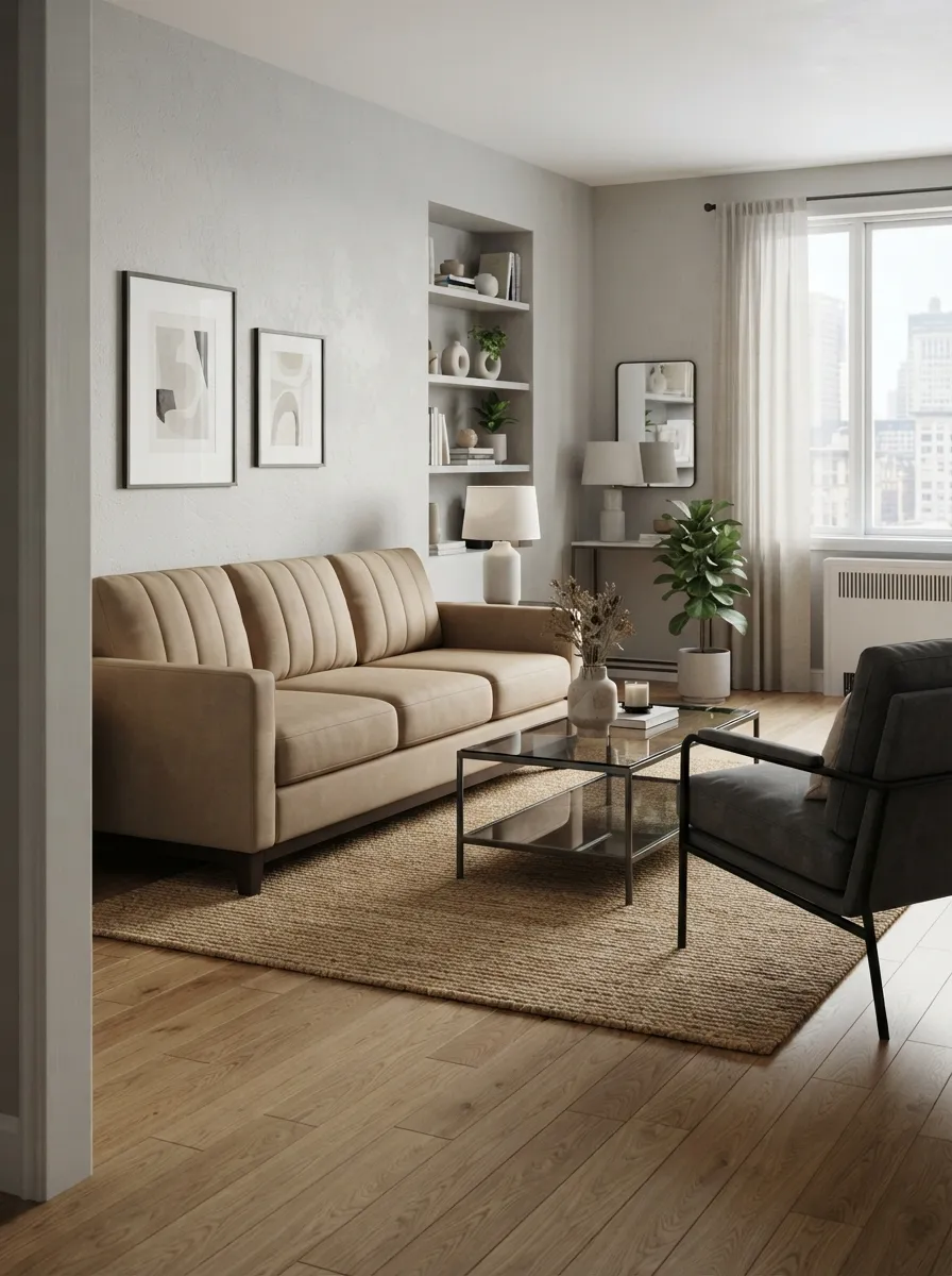 Compact mushroom-beige sofa with a channelled back, smoked-glass table, and graphite chair in a city apartment