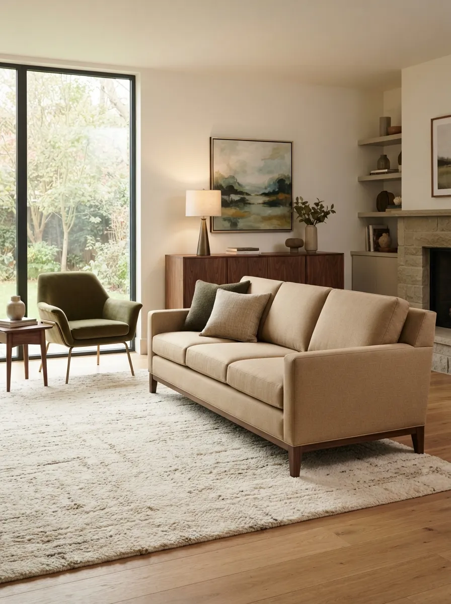 Tailored warm-beige sofa with a walnut sideboard, bronze lighting, olive chair, and landscape art